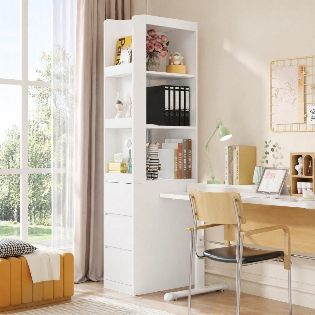 Libreria stretta bianca alta 200 cm con 3 cassetti