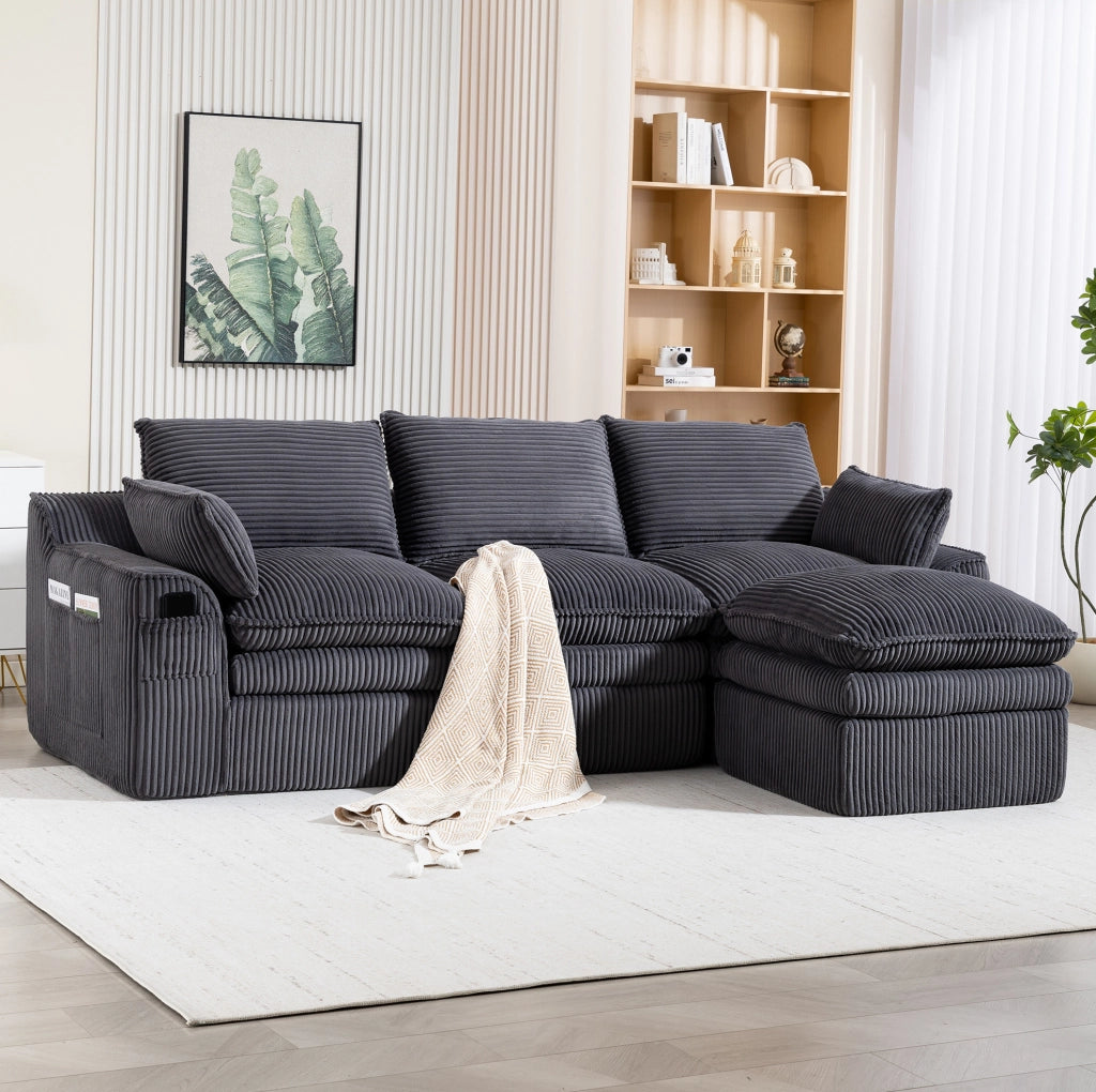 Divano modulare in velluto a coste grigio scuro con pouf