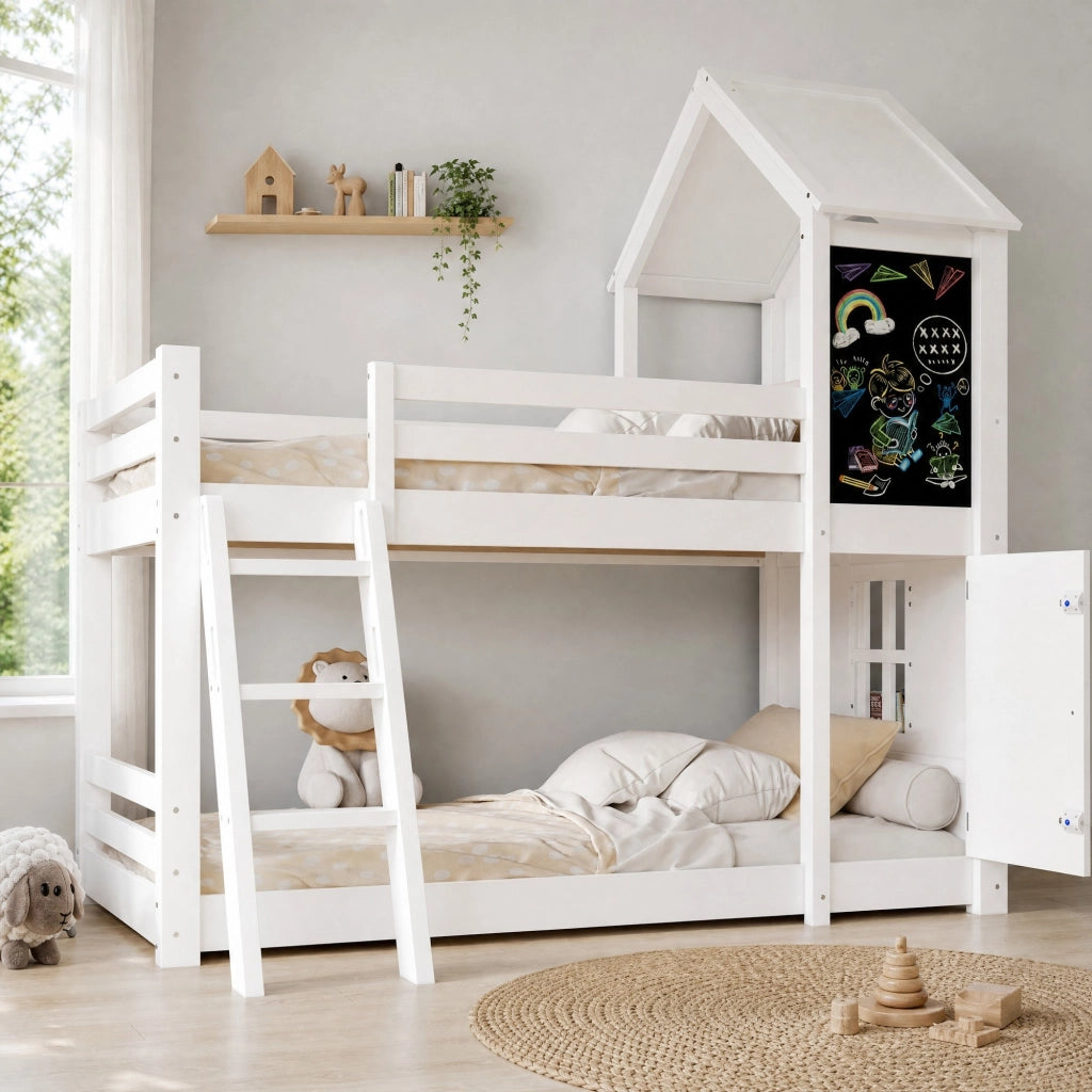 Letto a castello per bambini 90x200 cm con lavagna e scala inclinata in pino bianco