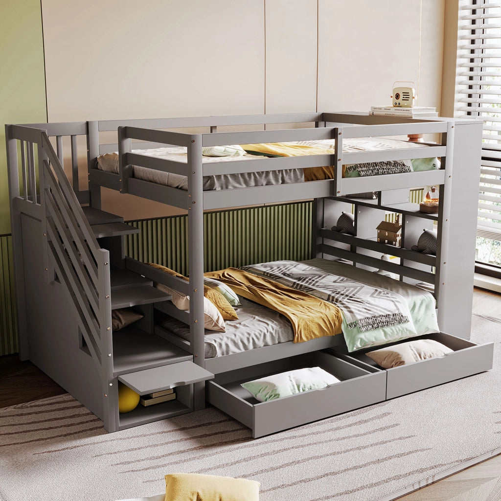 Letto a castello 90 x 200 cm in pino; grigio; con scala contenitore e cassetti