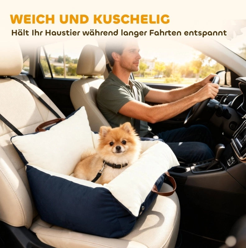 Seggiolino auto per cani 49x53x36 cm in tela di cotone blu navy, 2 cinghie
