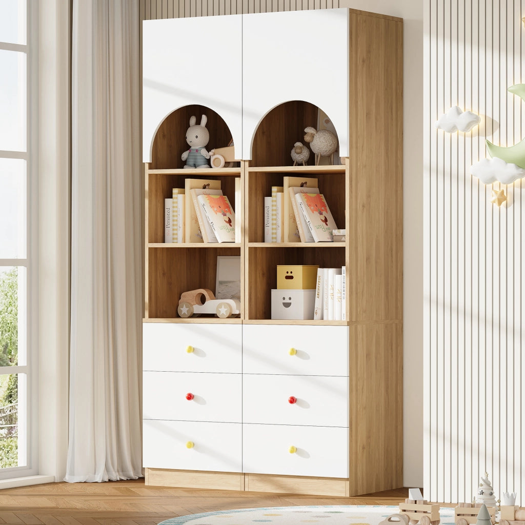 Armadio 100 x 48 x 180 cm; 2 ante; 2 cassetti; barra appendiabiti e ampio spazio contenitore per camera o dressing; bianco e effetto legno