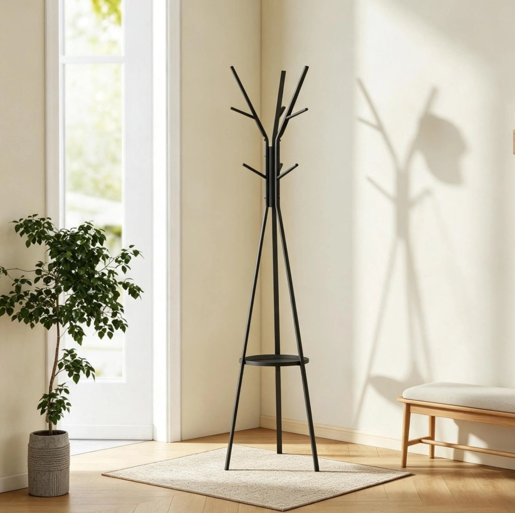 Appendiabiti moderno da terra in metallo e MDF nero con 9 ganci e ripiano, 45x45x180 cm