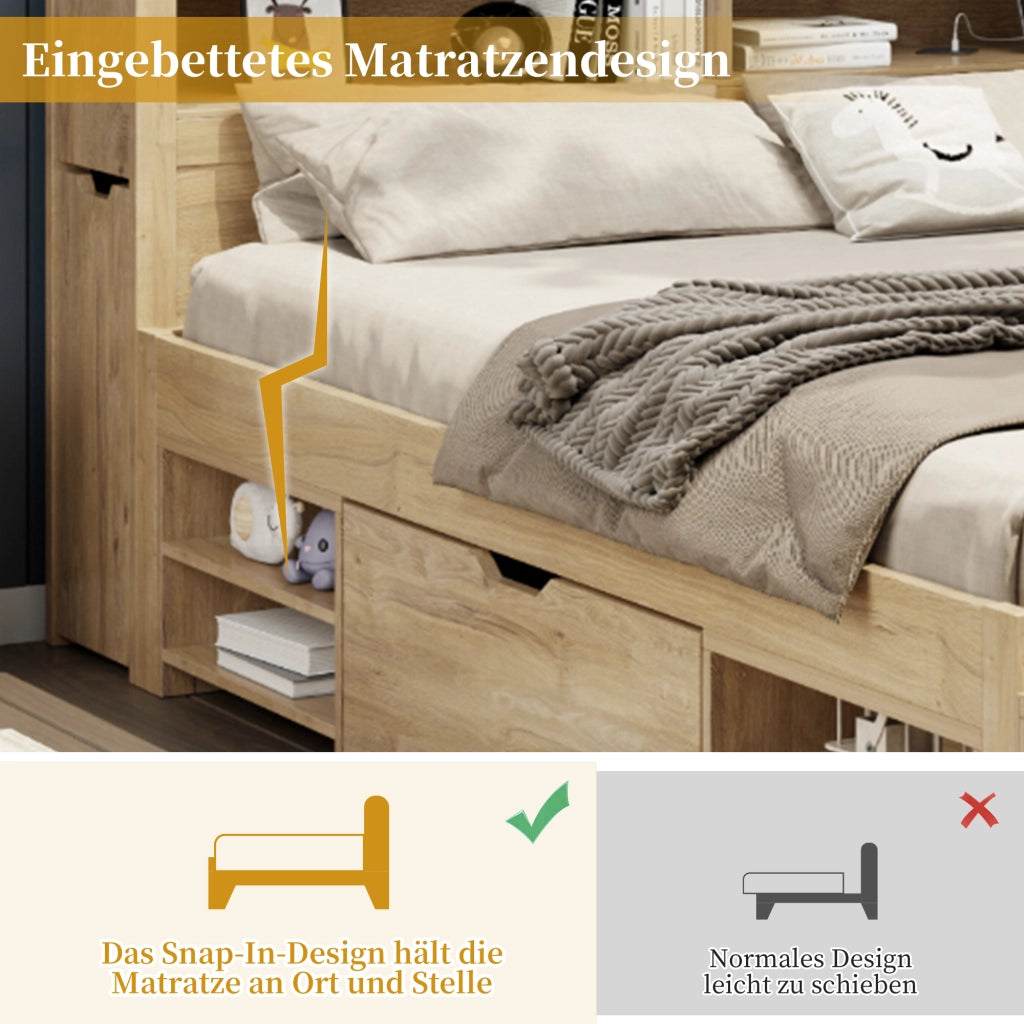 Letto singolo per bambini 90 × 200 cm con rete a doghe in compensato naturale e mobili contenitore