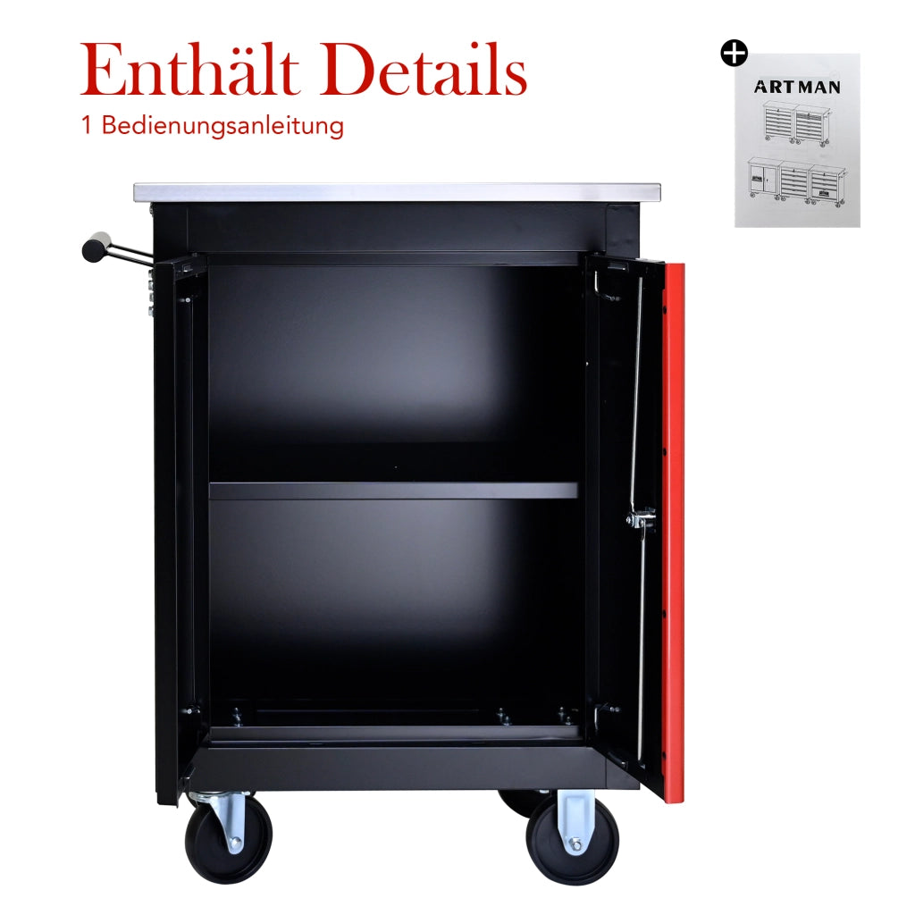 Carrello portautensili due ante con serratura; 4 ruote e ripiano removibile in acciaio nero e rosso 62.5 × 34.5 × 78 cm