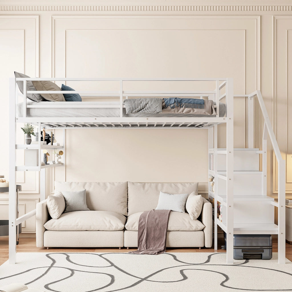 Letto a soppalco per bambini 140 × 200 cm 1 posto con mensole; scala contenitore e spazio gioco; senza materasso; bianco