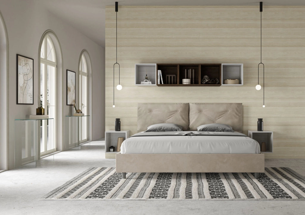 BS COM Letto matrimoniale king size con rete imbottito 190x210 microfibra sabbia Large