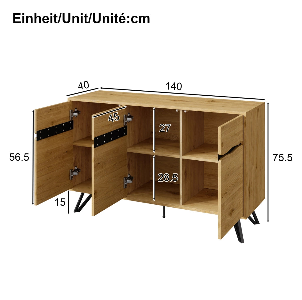 Credenza 140x40x75,5 cm nera effetto legno in truciolare, 3 ante