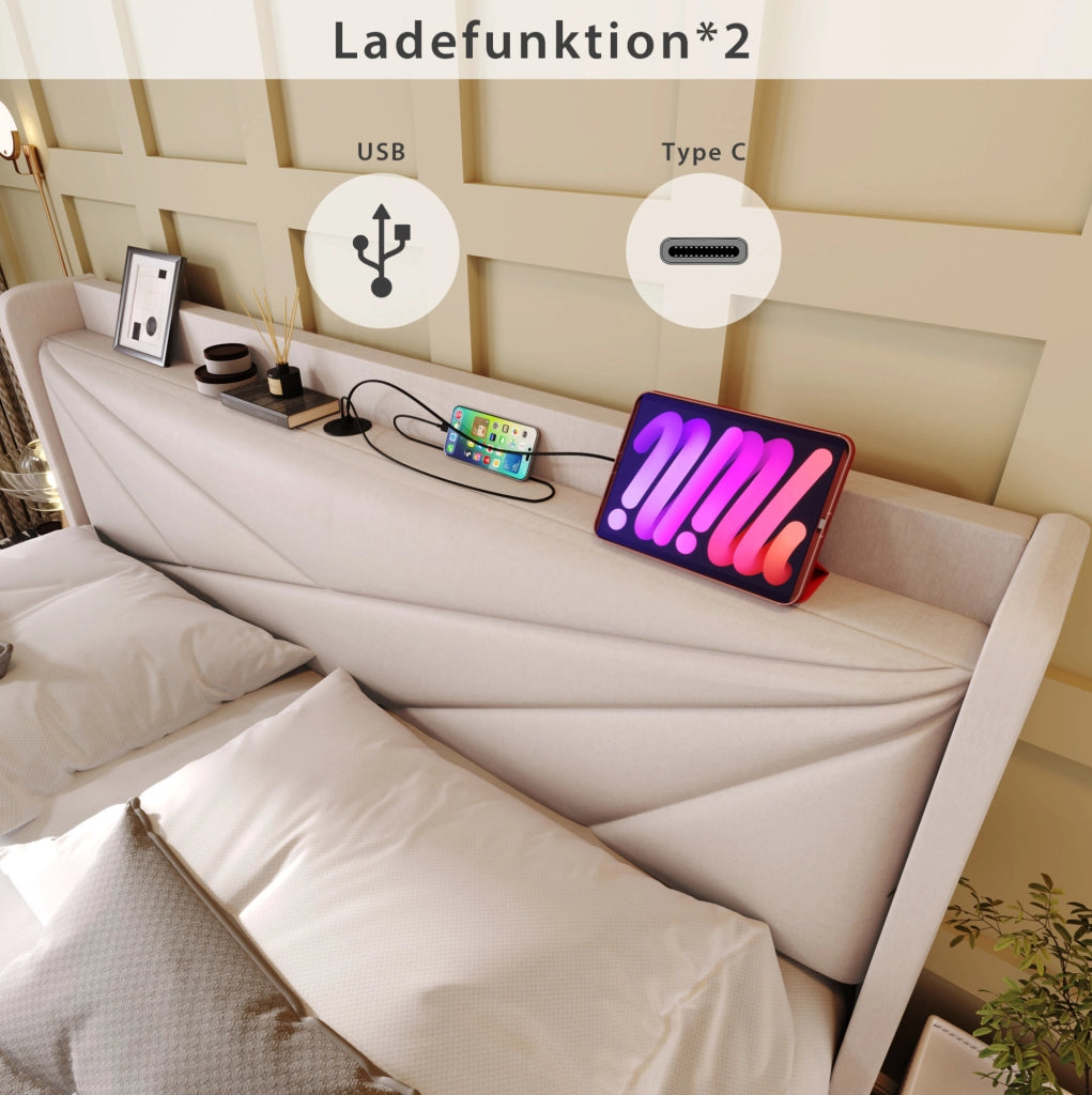 Letto 140x200 cm con contenitore, USB e USB-C, rivestimento in cotone e lino beige
