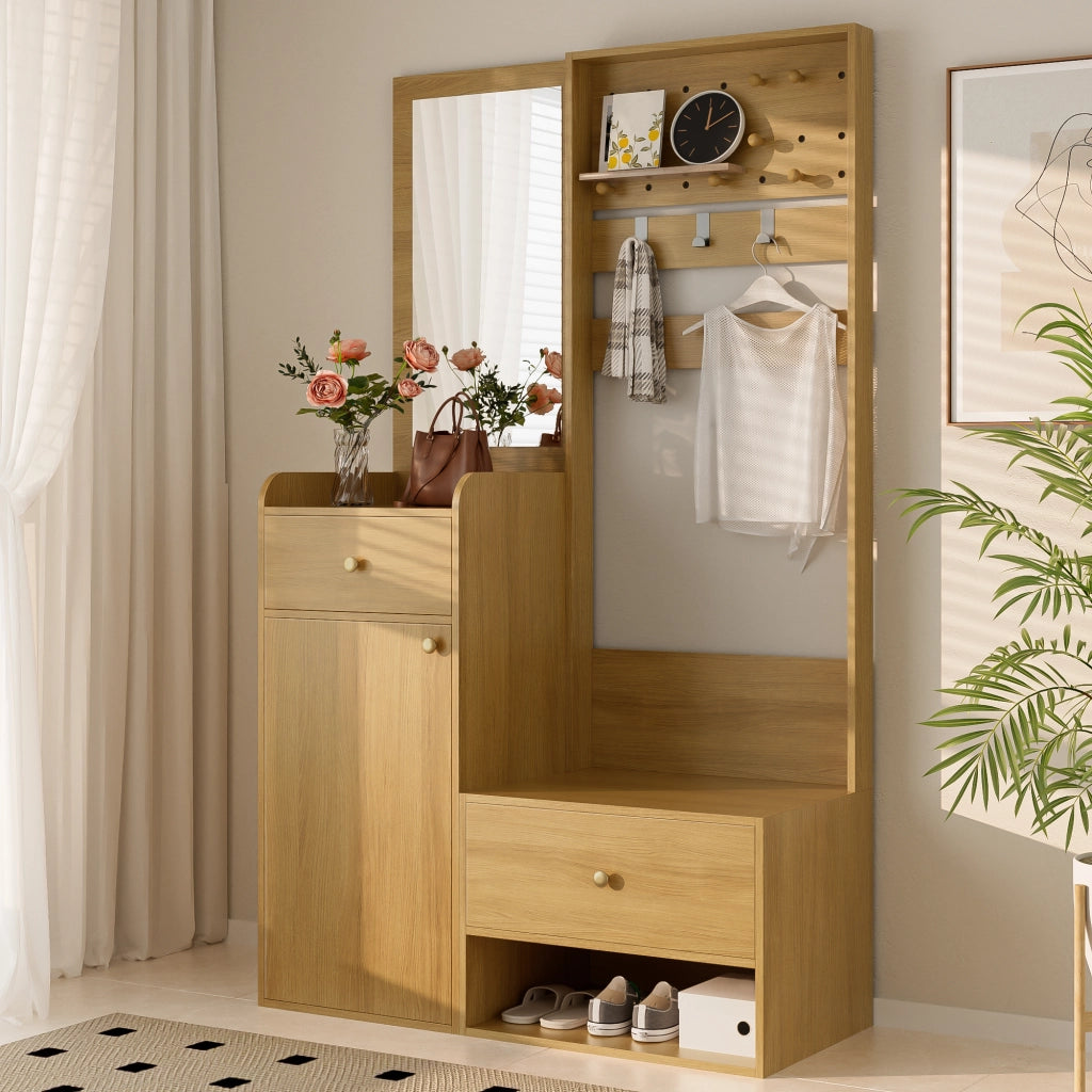 Mobile da ingresso con specchio, 2 cassetti, armadio e ripiani aperti, ganci removibili, color legno, 105 × 38 × 180 cm