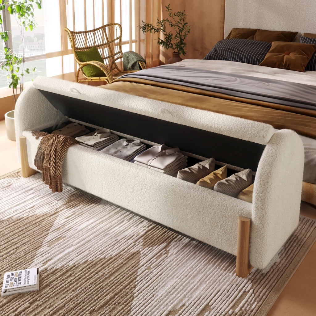Panca contenitore con chiusura soft, 166x47x61 cm, rivestimento in tessuto bouclé bianco, gambe a U in legno massello di gomma, carico max 150 kg