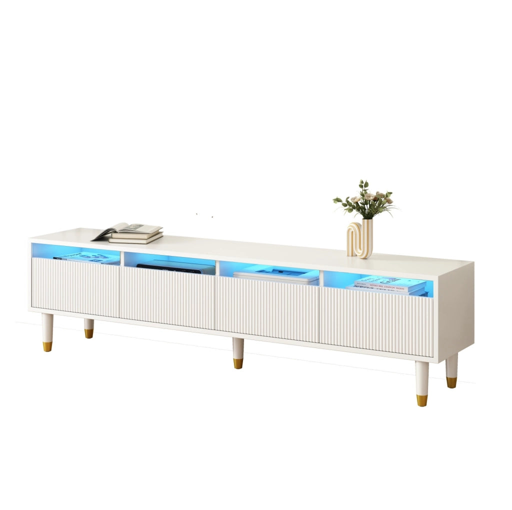 Set mobili moderno LED con mobile TV 4 ante e tavolino con 2 cassetti in MDF bianco con dettagli oro e illuminazione LED
