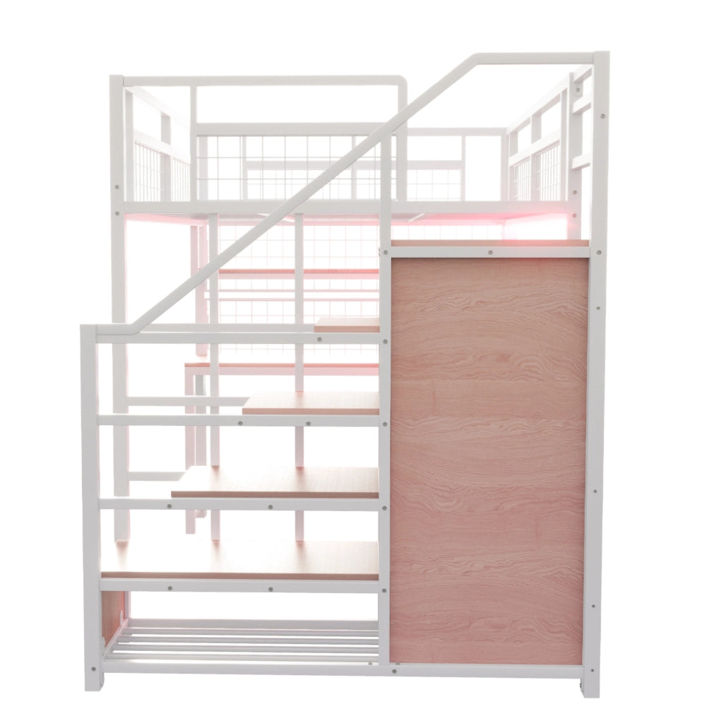 Letto a soppalco in metallo 140x200 cm con scrivania, scala contenitore e presa, bianco