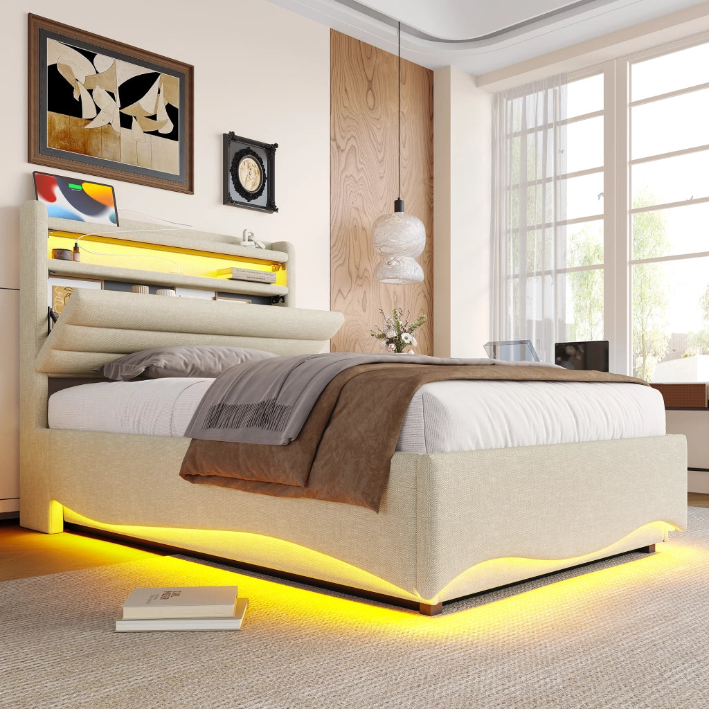 Letto contenitore singolo 90 × 200 cm con LED regolabile; sollevamento idraulico; USB e porta di tipo C; senza materasso