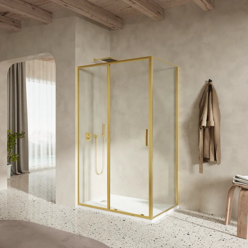Box doccia slim 160x80cm con porta scorrevole e parete fissa profili oro spazzolato e vetro 6mm trasparente anticalcare h190| Portofino