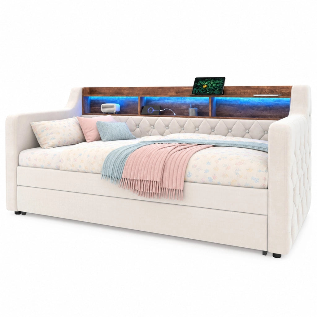 Divano letto estraibile 90x190 cm in velluto beige con LED, USB-C e contenitore