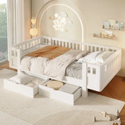 Letto per bambini 90 × 200 cm con barriera alta e 2 cassetti estraibili, senza materasso, in legno massello e MDF bianco