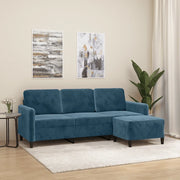 Divano a 3 Posti con Poggiapiedi Blu 180 cm in Velluto