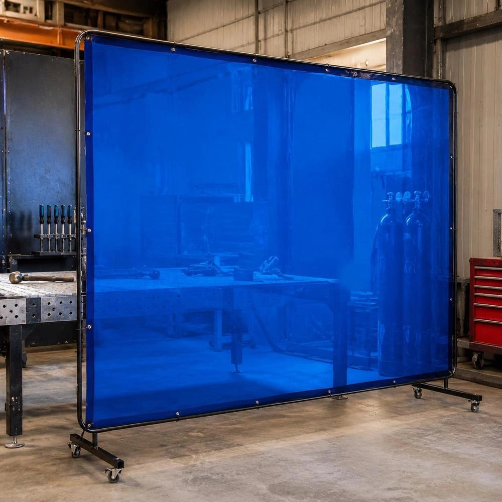 Welding Screen With Frame, 6 X 8 FT Welding Curtain Screen, Flame-Resistant Vinyl Safety Protection Screens With Lockable Swivel Wheels & 6-Level UV Protection For Workshop/Industrial Use, Blue