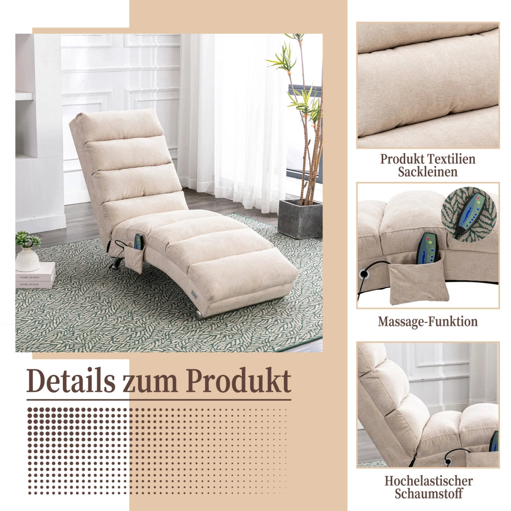 Poltrona massaggiante reclinabile in lino beige; 55x148x84 cm; con tasca laterale