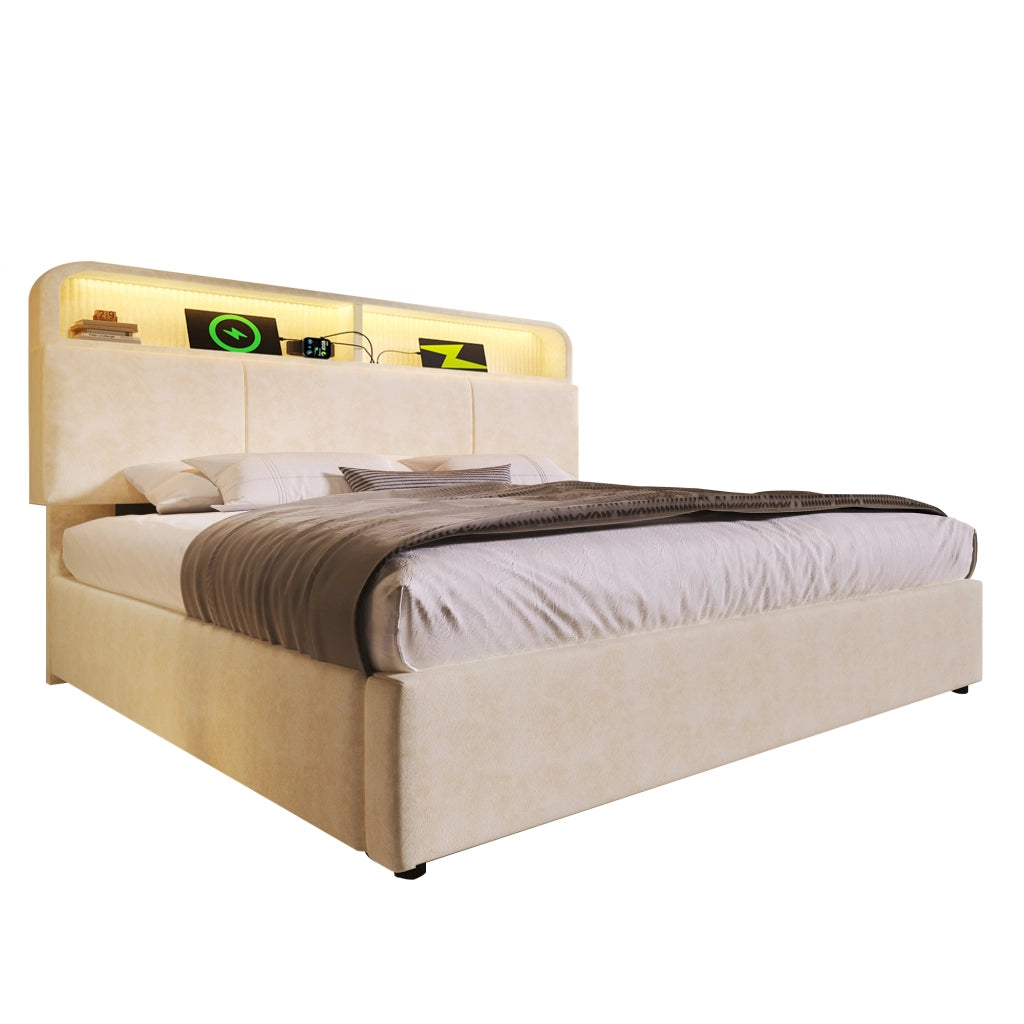 OKWISH Letto Contenitore 180×200 cm, Letto Matrimoniale con Testiera Regolabile, LED Regolabile, USB e Tipo C, senza Materasso, in Velluto, Beige