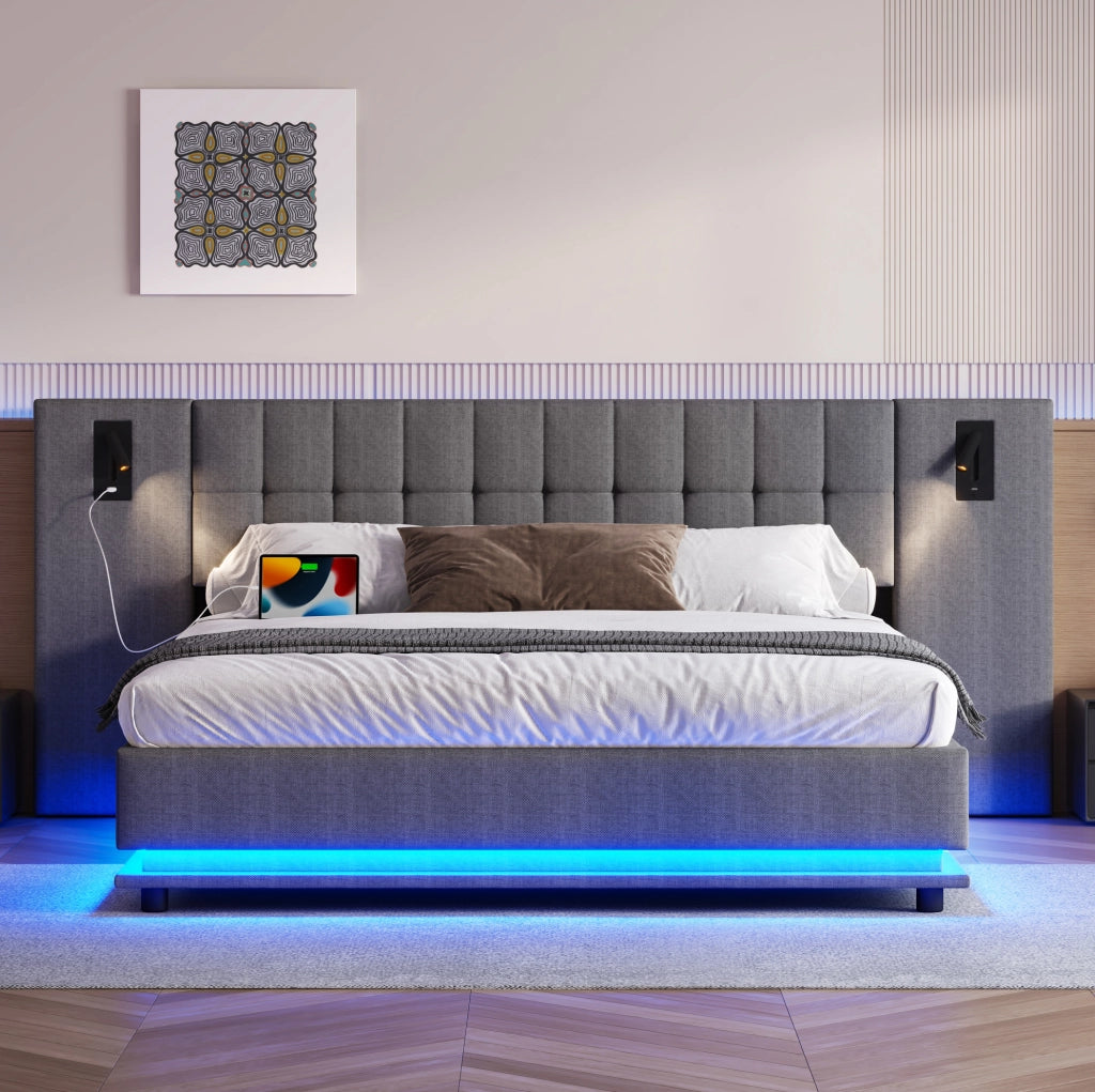 LETTO Imbottito 180x200 cm Grigio con LED, USB e spot, senza materasso