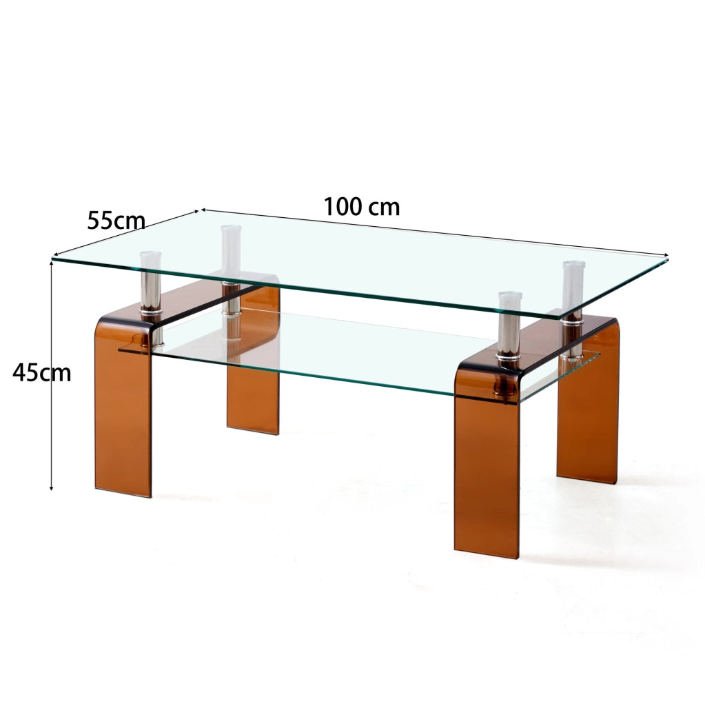 Tavolino da salotto in vetro temperato 100x55x45 cm con ripiano e gambe marroni HOMVRA