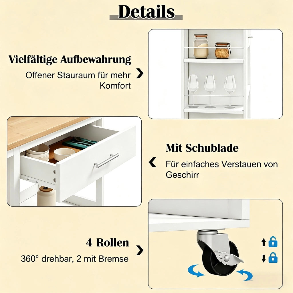 Carrello da cucina con cassetto; ripiani aperti e 4 ruote con freno in MDF bianco effetto legno