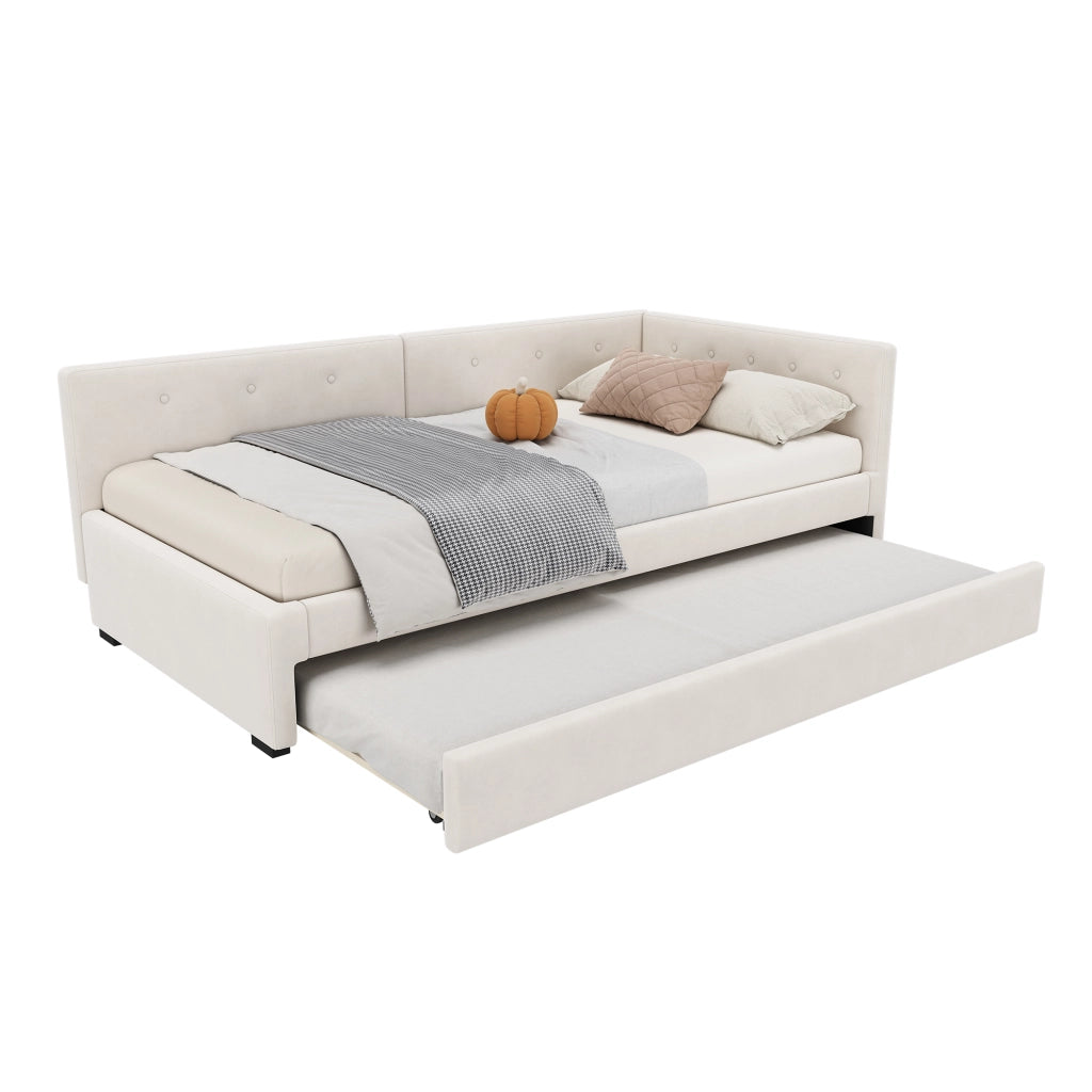 Divano letto singolo 90x200 cm con letto estraibile 90x190 cm; velluto beige; rete a doghe e testiera
