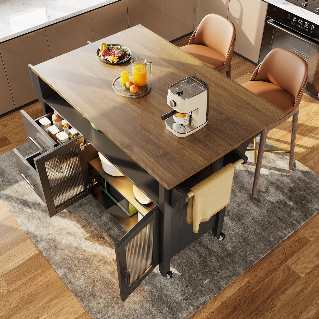 Carrello da cucina con piano pieghevole; 2 cassetti; anta in vetro ondulato; LED; ruote e portaasciugamani nero