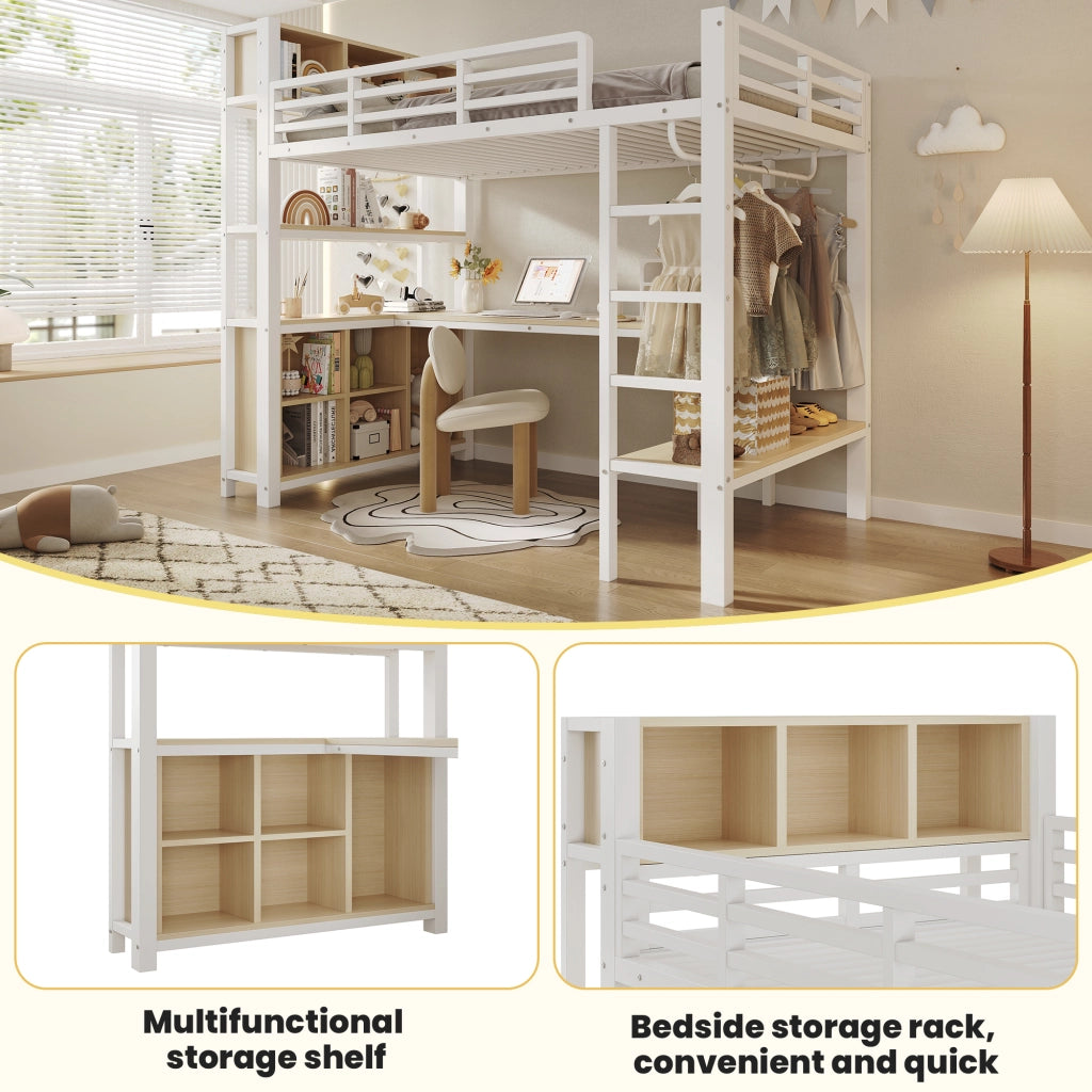 Letto a soppalco 90x200 cm per bambini con scrivania; appendiabiti e ripiani; metallo e MDF bianco