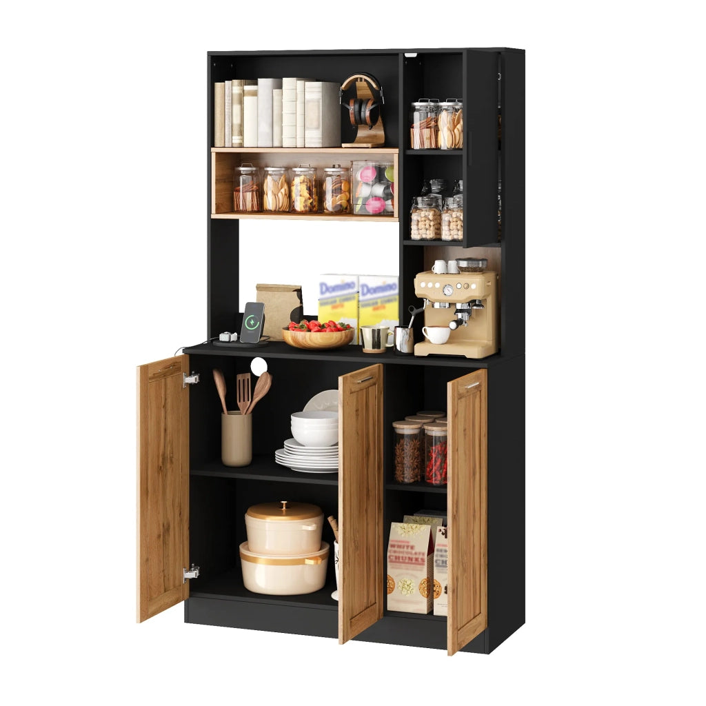 Armadio da cucina alto 100x40x180 cm con illuminazione LED e prese, ripiani regolabili, vetrina per soggiorno e sala da pranzo