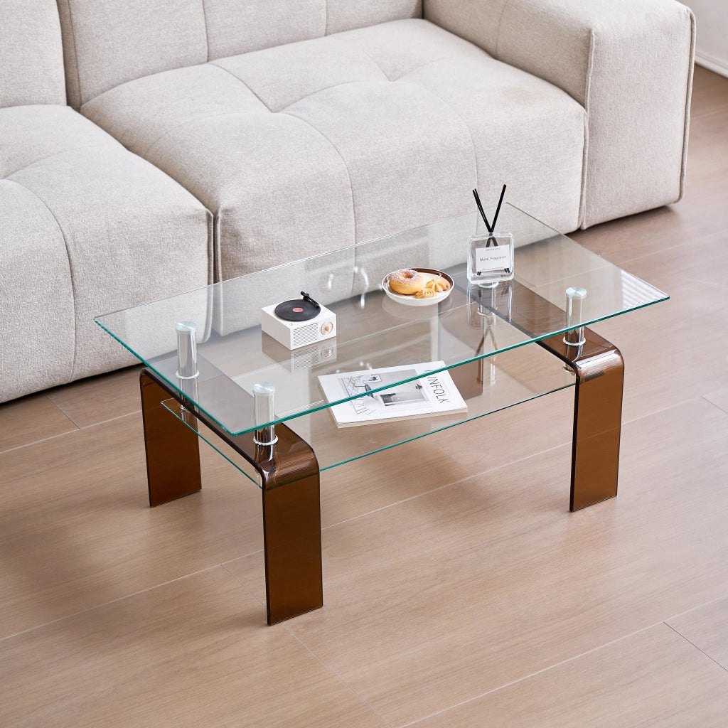 Tavolino basso fisso a due ripiani in vetro temperato con gambe marroni in metallo 100 × 55 × 45 cm