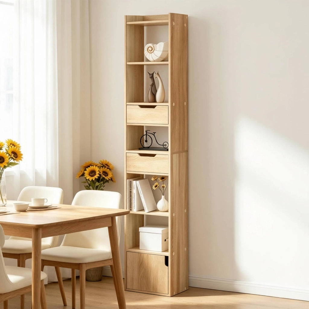 Libreria verticale moderna in legno E1, 33x181x24 cm, color rovere chiaro, con ripiani e cassetti