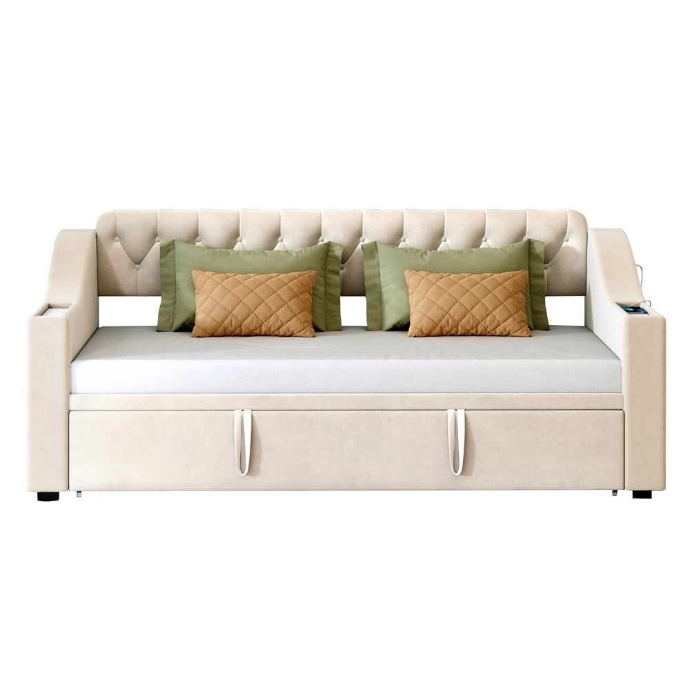 Letto Imbottito con Rete a Doghe e USB ¨C MINIMAL ¨C Velluto Beige 90x190 / 180x190