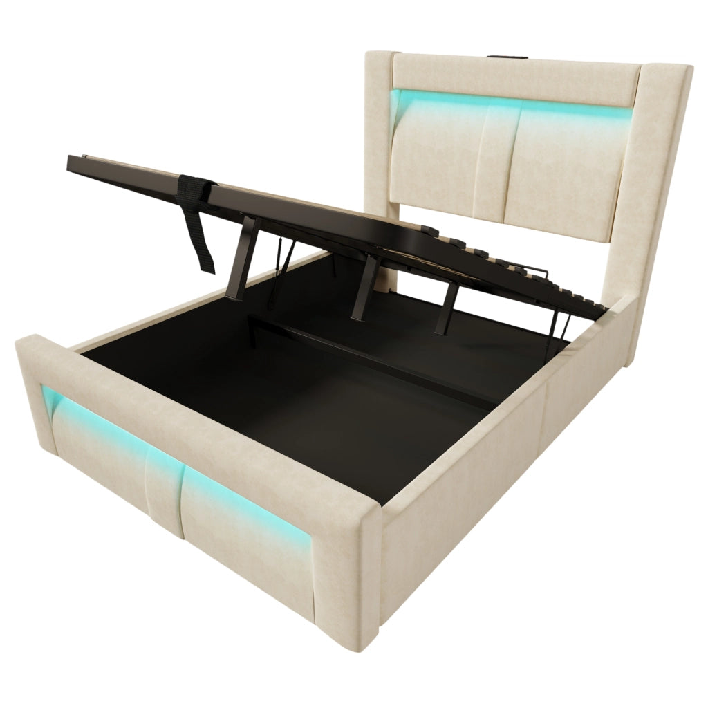 Letto singolo 90x200 contenitore velluto beige LED USB Type-C con materasso