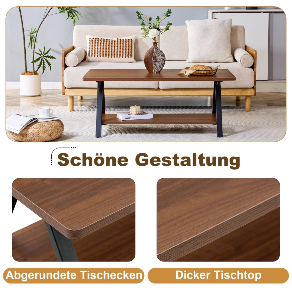 Tavolino basso fisso con ripiano inferiore in MDF effetto noce e struttura metallica nera 110 × 57 × 44.5 cm