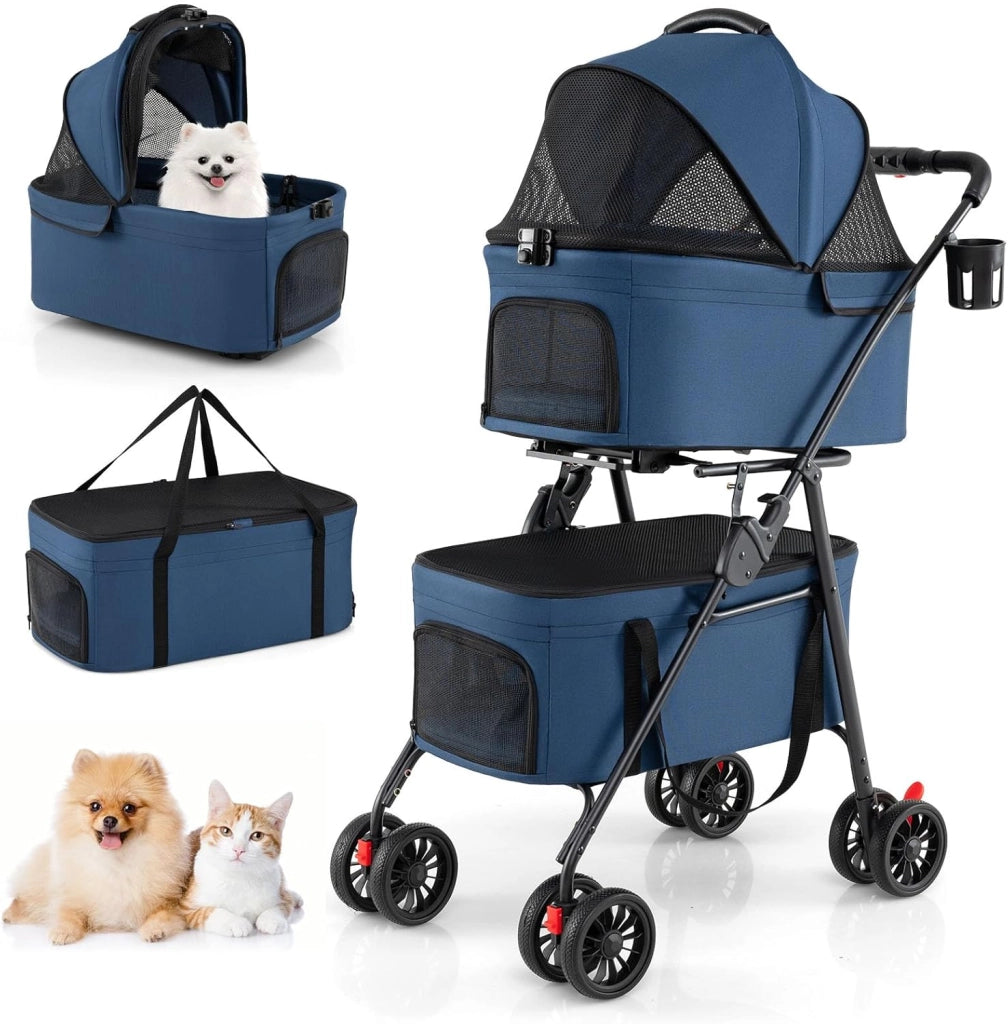 Passeggino Doppio per Animali 3 in 1 Pieghevole (Blu)
Carrozzina per Cani con Portapets Staccabili, Seggiolini Auto e 4 Ruote, Passeggino da Viaggio per Animali di Piccola Taglia