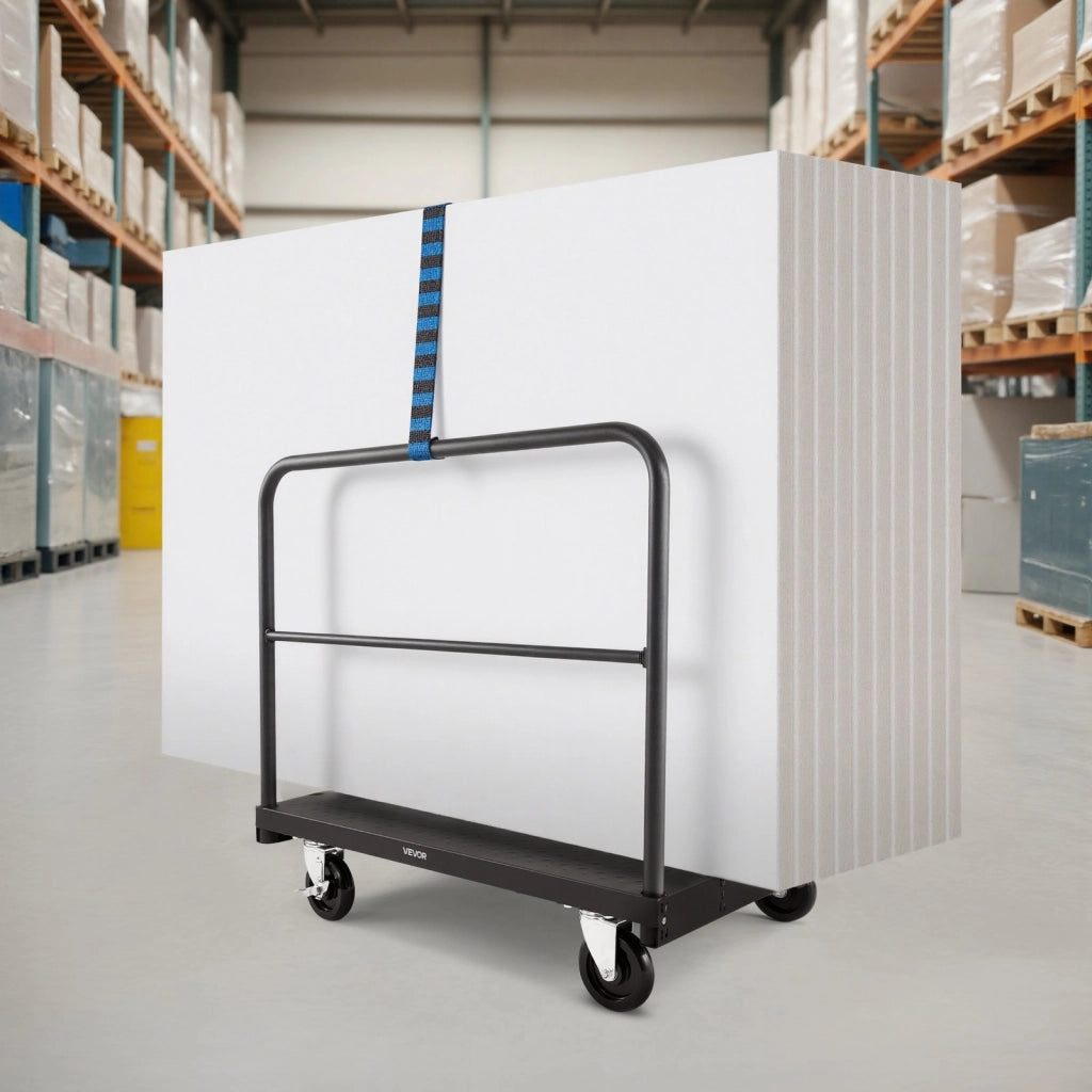 Carrello per Cartongesso e Pannelli in Acciaio DT02, Carico 816 kg, Ruote Girevoli, 3 Corrimano, 91,4x61 cm, Robusto per Officina e Garage, Nero