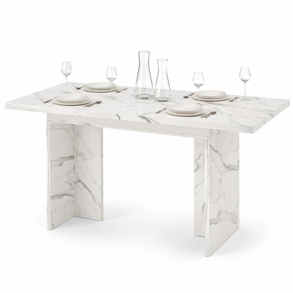 Tavolo da pranzo allungabile 140/180x80 cm; MDF; effetto marmo bianco; per 6-8 persone