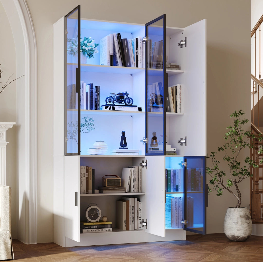 Vetrina 120x35x200 cm con LED USB; 3 ante in vetro e 10 vani; bianca