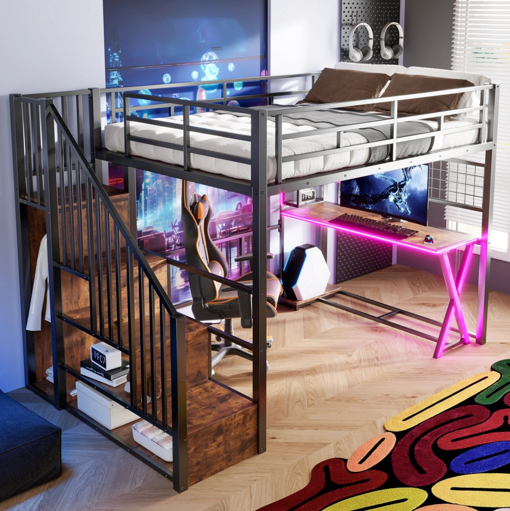 Letto a soppalco 140 x 200 cm con scrivania, armadio, scaffali e luci