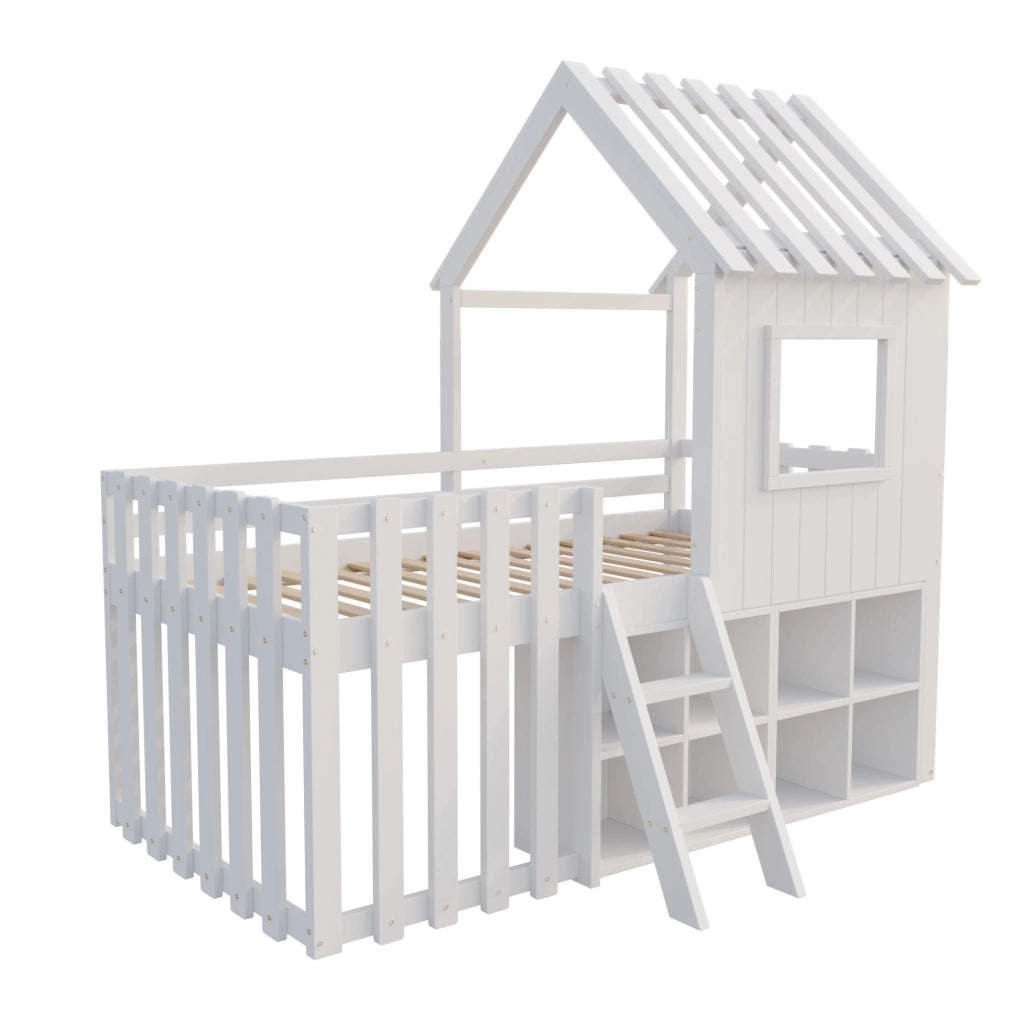Letto a soppalco per bambini 90x200 cm con tetto e vani mobili in pino bianco