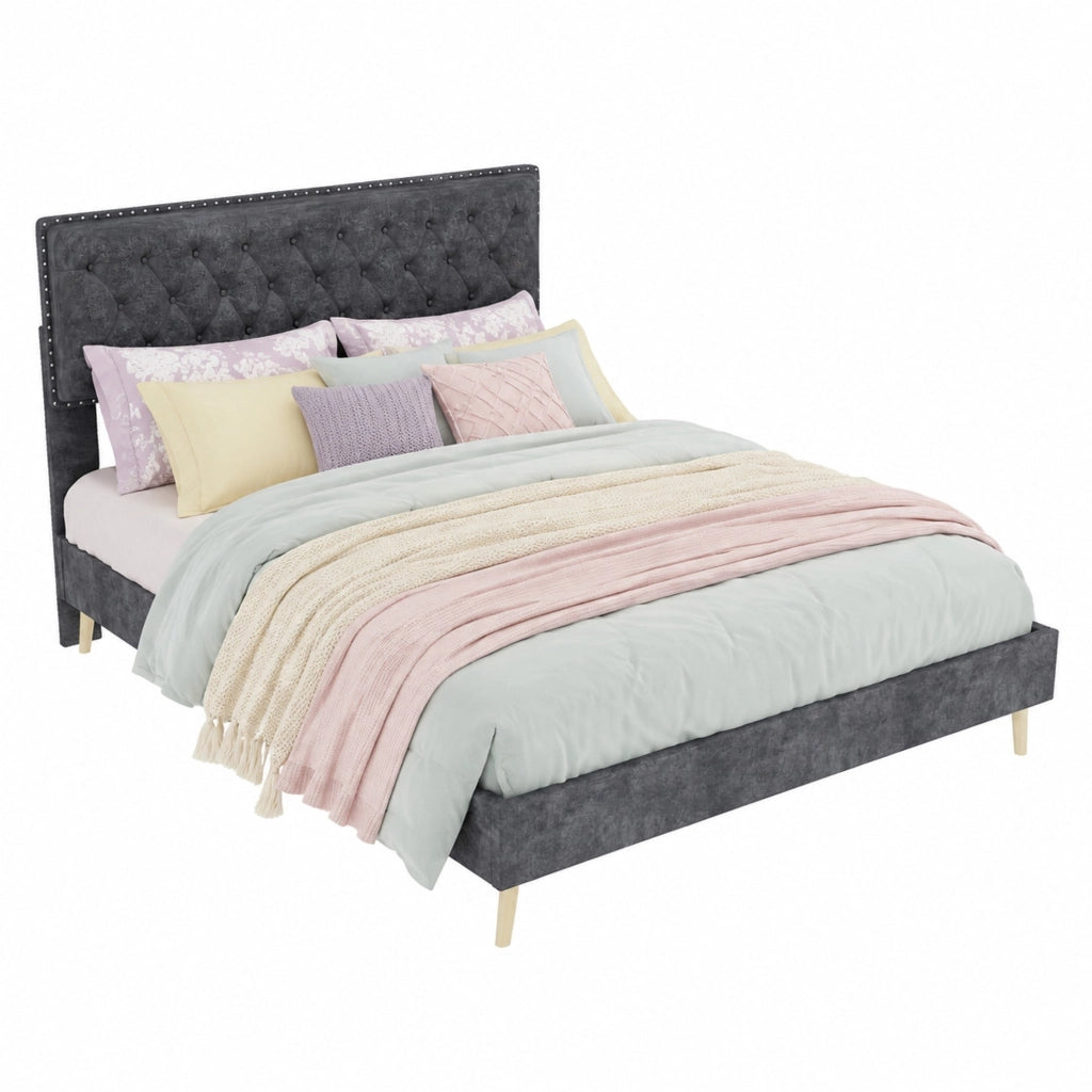 Letto imbottito 140 × 200 cm con testiera alta rivestito in velluto olandese grigio con rete a doghe