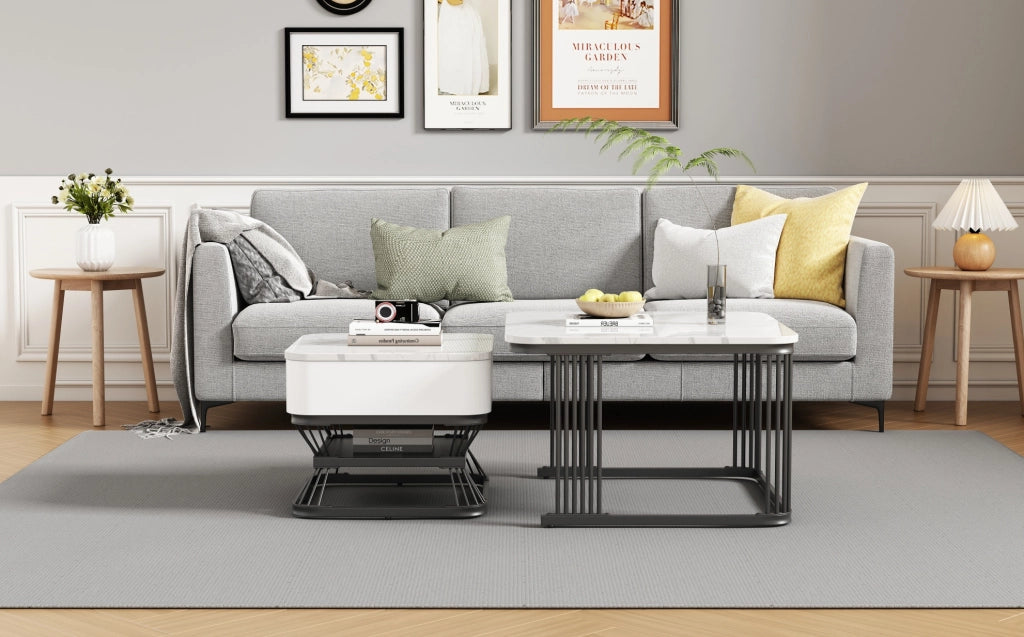 Set di 2 Tavolini da Salotto con Ripiano in Imitazione Marmo Lucido e Telaio in Metallo Nero, 70x70x45 cm + 50x50x40 cm, Bianco e Nero