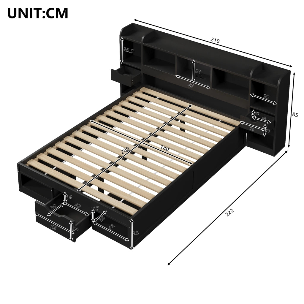 Letto con cassetti 140 × 200 cm con testiera e pediera contenitore LED a 7 colori in MDF nero