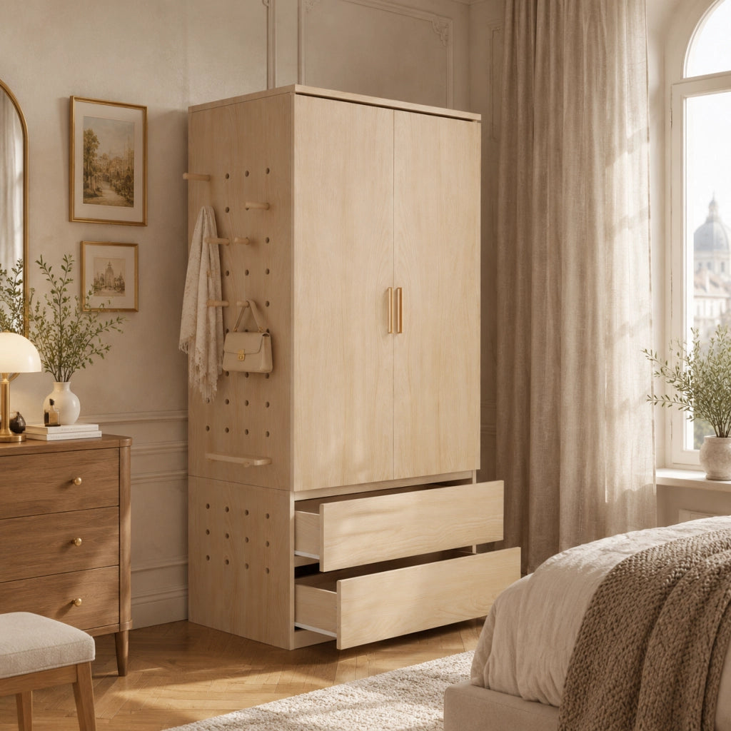 Armadio multifunzionale 70x50x170 cm con pannello forato laterale, cassetti nascosti e spazio appendiabiti, colore legno