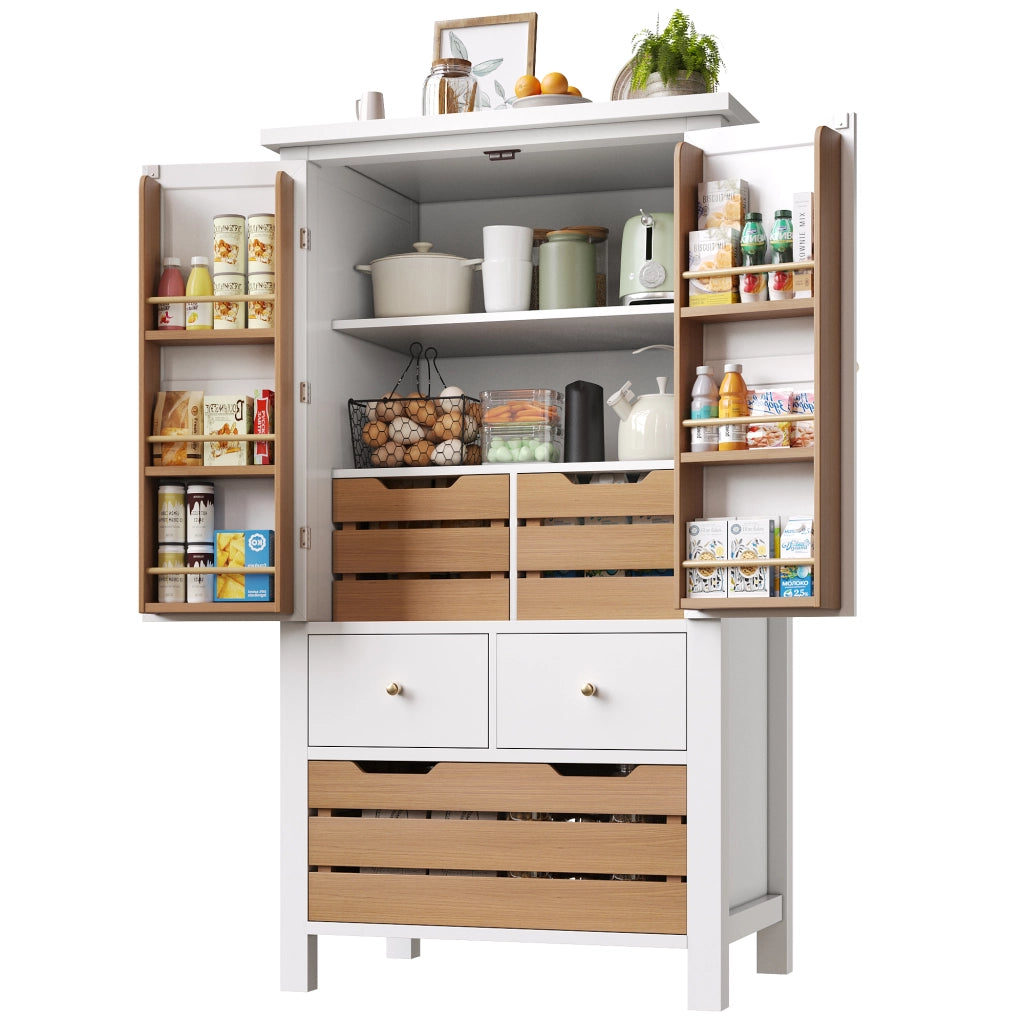 OKWISH Credenza da Cucina Alta con 2 Ante, 5 Cassetti e 2 Ripiani, Chiusura Magnetica, MDF, Bianca, 80 x 40 x 140 cm