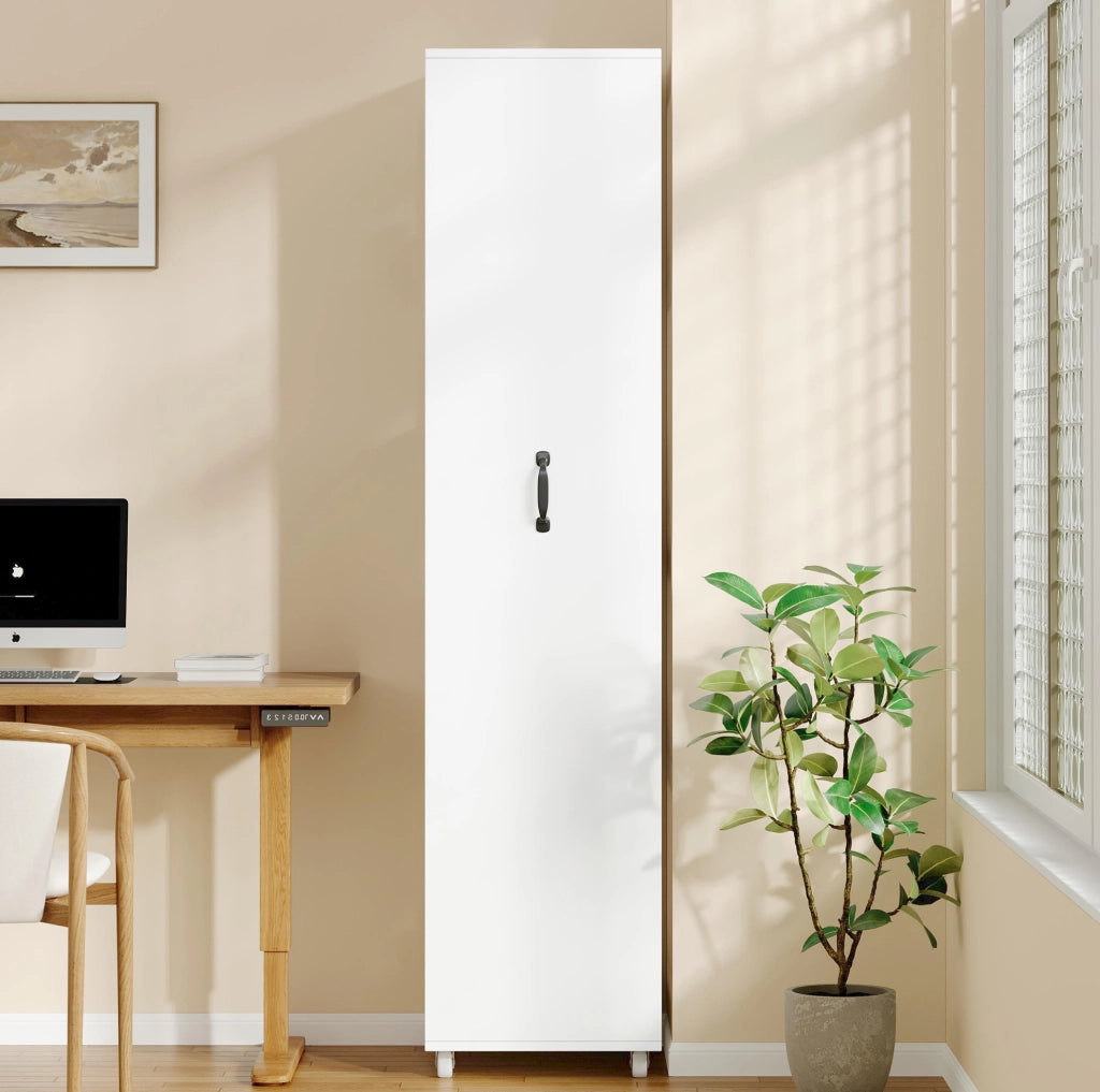 Libreria stretta 40x30x160;5 cm in MDF bianco con ruote e barre di protezione
