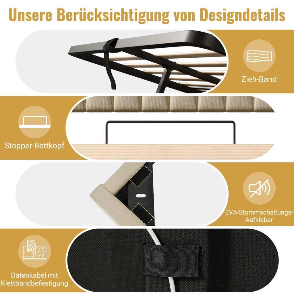 Letto singolo imbottito 90x200 cm con testiera contenitore USB/Type-C, LED testata/pediera, idraulico, lino - Beige (Senza materasso)